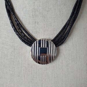 Ralph Lauren Multi Strand Black Leather Cord Silver Tone Pendant Necklace